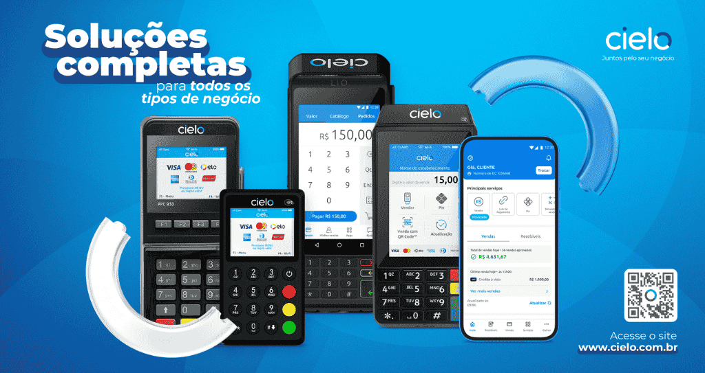 Linha completa de maquininhas da Cielo exibida lado a lado, com os modelos Cielo LIO On, Cielo Flash e a Cielo ZIP. A imagem reforça que a Cielo oferece opções para todos os perfis de negócio, incluindo a melhor maquininha de cartão para MEI, a Cielo ZIP.