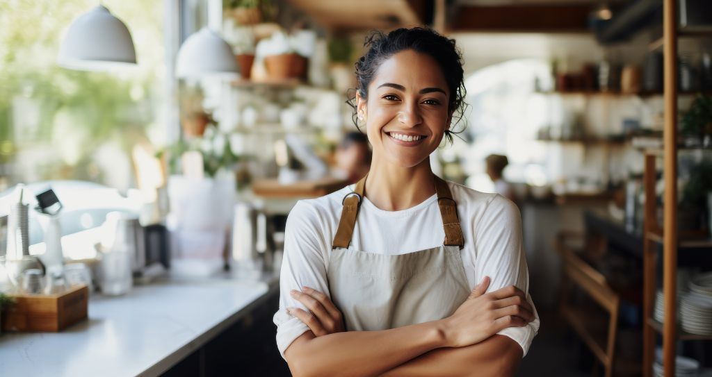 Mulher empreendedora sorrindo em seu negócio, simbolizando como calcular margem de lucro pode ajudar pequenas empresas a prosperarem.