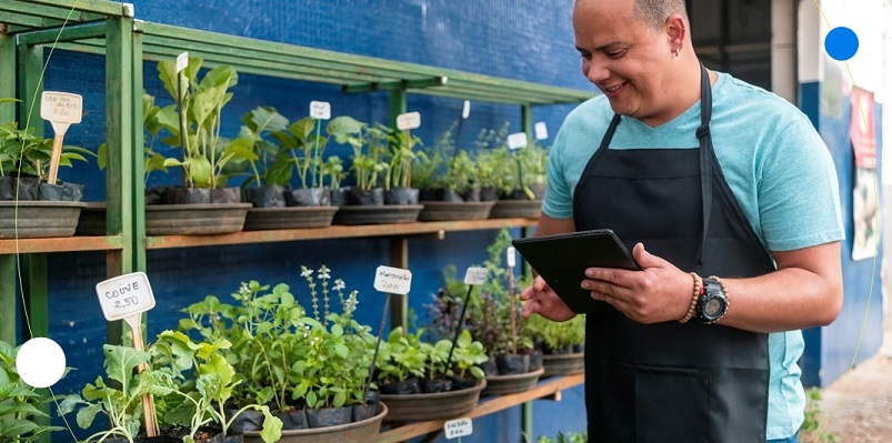 Empreendedor sorri para tablet enquanto analisa ideias de com ganhar mais dinheiro com suas plantas
