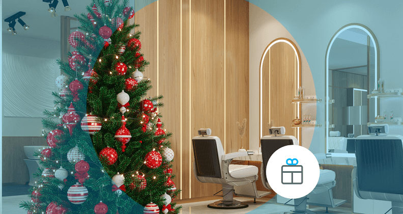 Salão de beleza com árvore de natal.