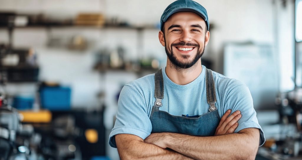 Profissional autônomo com uniforme sorrindo em oficina, simbolizando negócios lucrativos ligados a serviços de reparos e manutenção.