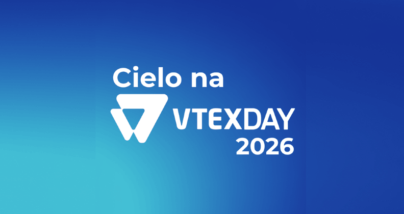 “Logotipo da Cielo com a frase ‘Cielo na VTEXDAY 2026’ sobre fundo em degradê azul, referente ao evento VTEX Day no Brasil.