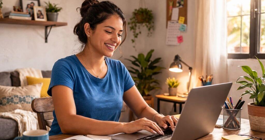 Uma mulher jovem com cabelos presos sorri enquanto digita em seu laptop em uma sala iluminada e decorada com plantas. A imagem ilustra uma das formas de como ganhar dinheiro em casa através do trabalho remoto ou freelancer em um ambiente confortável e organizado.