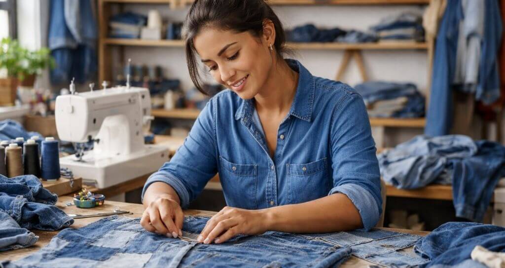 Uma mulher sorridente trabalha em um ateliê de costura focado em upcycling. Ela está sentada à mesa manuseando retalhos de jeans para criar novas peças, com uma máquina de costura branca ao lado. O cenário demonstra o artesanato criativo como uma opção de como ganhar dinheiro em casa reutilizando materiais.