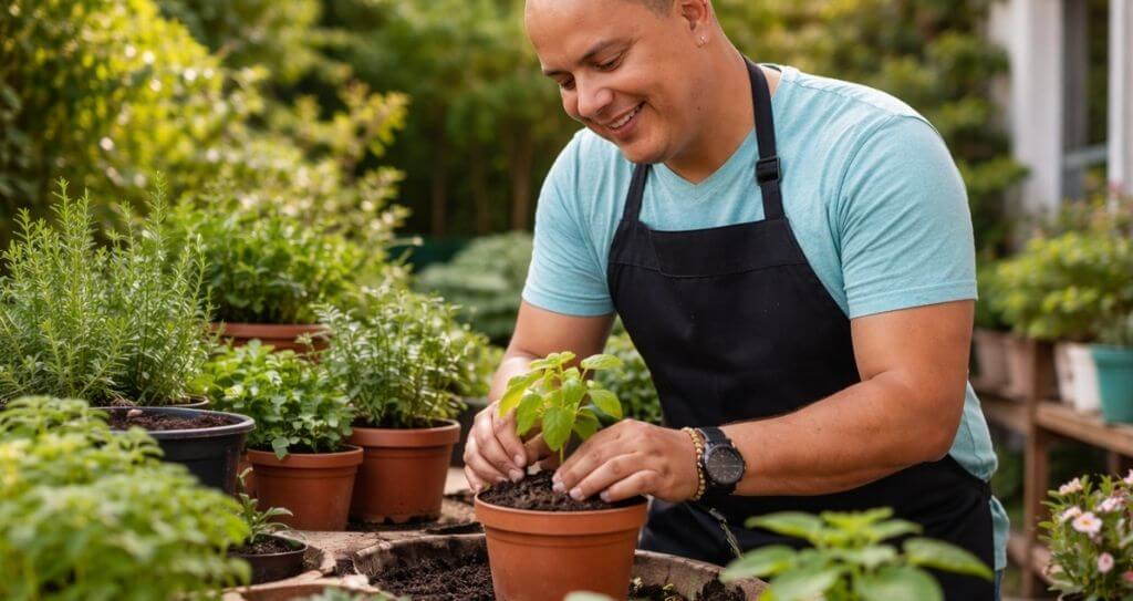 Um homem sorridente de avental preto cuida de mudas de plantas em vasos de cerâmica em um jardim ensolarado. Ele posiciona com cuidado uma pequena planta na terra, exemplificando o empreendedorismo verde e a jardinagem para quem busca saber como ganhar dinheiro em casa com produtos naturais.