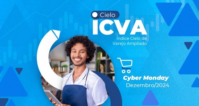 Empreendedor confere em um tablet como foi o desempenho do Varejo na Cyber Monday 2024, e acima a logo do ICVA