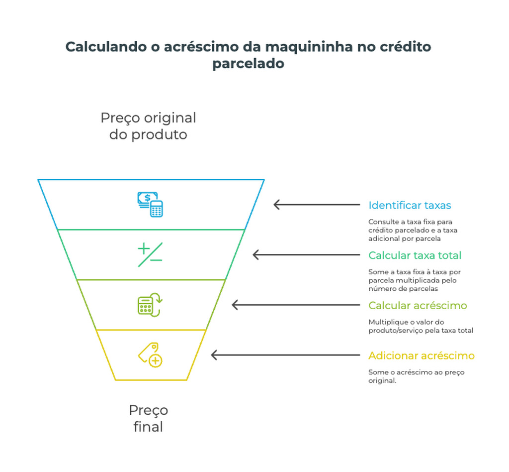 Infográfico visual ensina como calcular o acréscimo da maquininha em compras no crédito parcelado, considerando taxas fixas e por parcela.