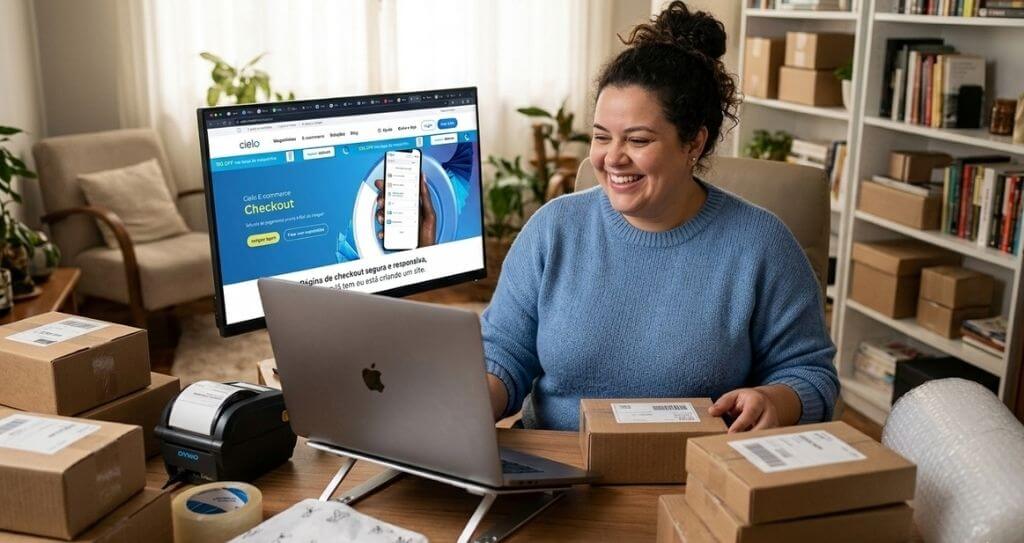 Uma mulher sorridente em um escritório doméstico organiza diversas caixas de papelão sobre uma mesa de madeira. Ao fundo, um monitor exibe a página de checkout da Cielo, destacando as soluções de pagamento para quem busca produtos para vender na internet. O ambiente é iluminado e sugere a rotina produtiva de um e-commerce em crescimento.