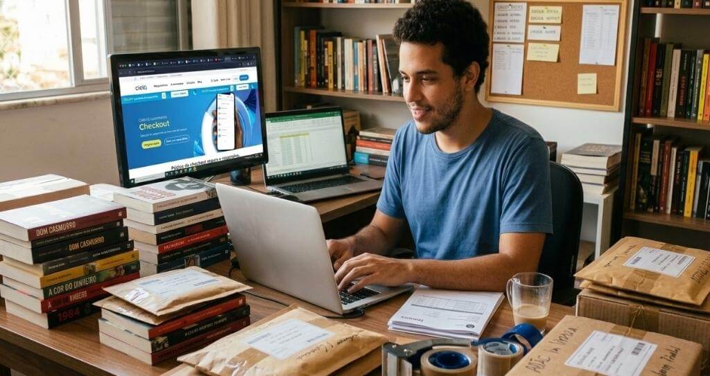 Um homem jovem trabalha em seu notebook rodeado por pilhas de livros e pacotes prontos para envio. Na tela do computador, é possível ver o painel de vendas da Cielo, ferramenta essencial para gerenciar produtos para vender na internet no nicho de livraria. O cenário inclui estantes cheias e um quadro de avisos, reforçando a organização do negócio.