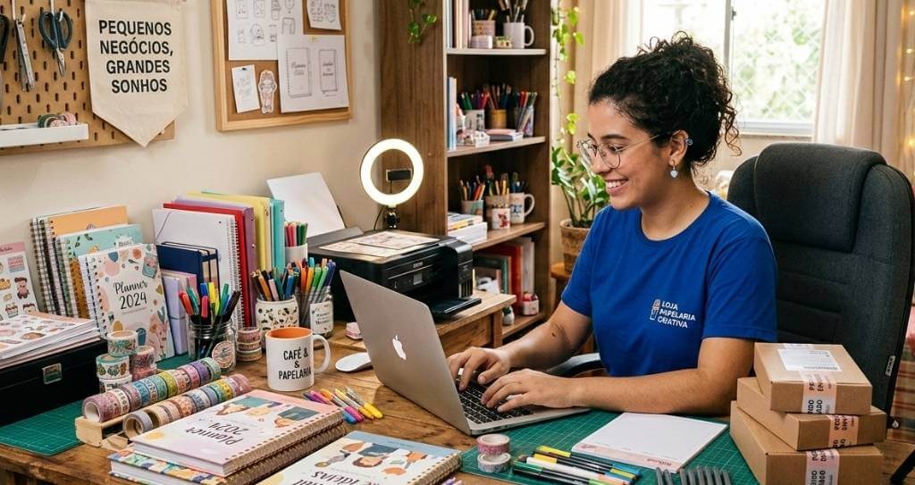 Uma empreendedora de óculos sorri enquanto opera seu notebook em uma mesa repleta de itens de papelaria criativa, como planners, fitas decorativas e canetas coloridas. Ao lado, há uma pilha de encomendas embaladas, ilustrando a preparação de produtos para vender na internet de forma personalizada e artesanal. Um banner na parede diz Pequenos Negócios, Grandes Sonhos.