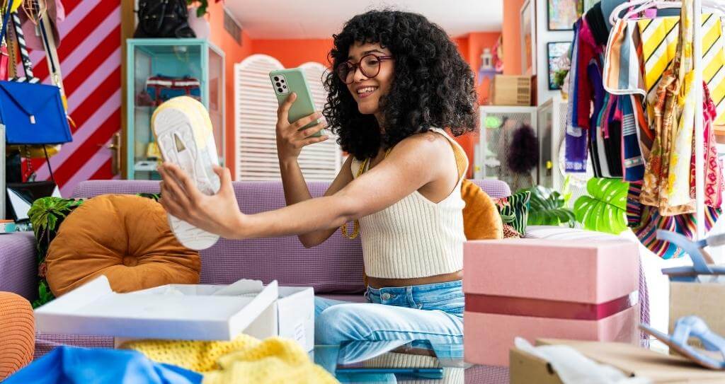 Uma mulher com cabelo cacheado e óculos usa o celular para fotografar um tênis, criando conteúdo visual para sua loja online. O ambiente é vibrante e colorido, com araras de roupas e caixas de sapatos ao redor, demonstrando o processo de catalogação de produtos para vender na internet no setor de moda e acessórios.