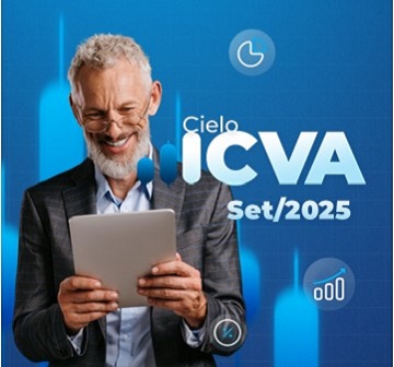 Imagem com fundo azul e gráficos verticais estilizados, destacando o texto 'Cielo ICVA Set/2025'. Pessoa segura um tablet, representando análise de dados e tendências do varejo. Ícones de estatísticas e gráficos reforçam o conceito de índice de vendas no varejo brasileiro.
