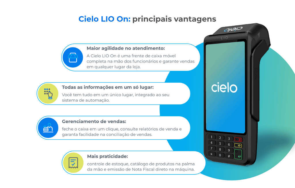 Infográfico com a Cielo LIO On destacando as principais vantagens da maquininha inteligente, como agilidade no atendimento, integração com sistema de automação e controle de vendas. Exemplo de como a inteligência artificial para negócios está presente no ponto de venda.