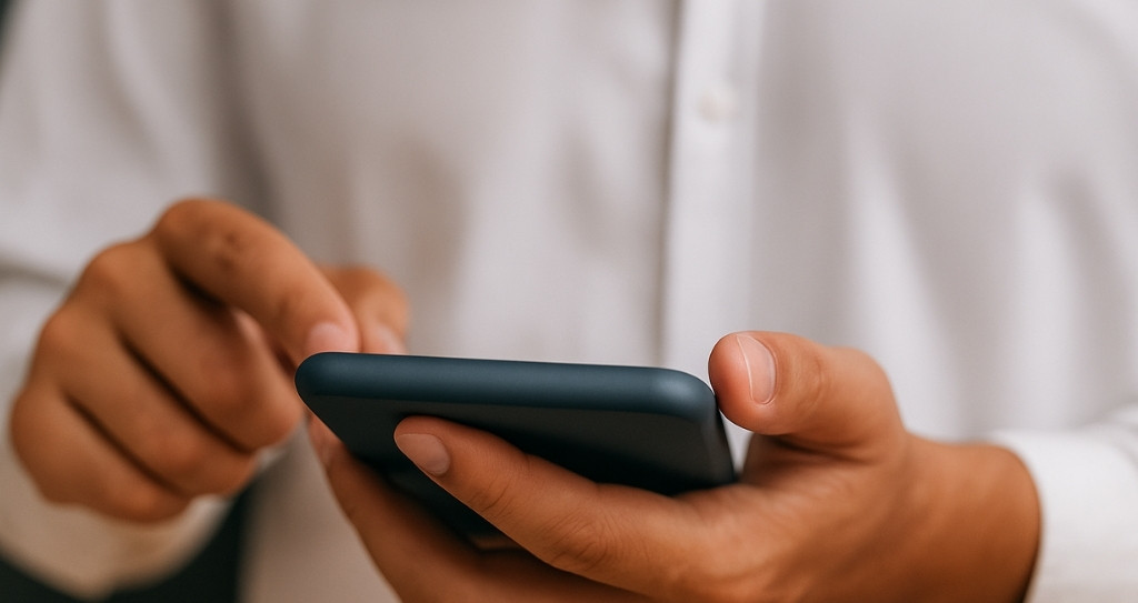 Pessoa usando o celular com ícones digitais de chatbot e mensagens flutuando na tela, representando ferramentas de atendimento automático com inteligência artificial para negócios.