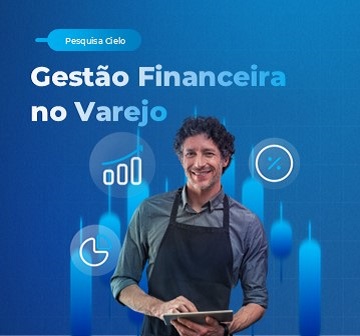 Banner da pesquisa Cielo sobre gestão financeira no varejo, com fundo azul e gráficos de barras ascendentes, ícones de análise de dados e crescimento. À esquerda, destaque para o título “Gestão Financeira no Varejo” e etiqueta “Pesquisa Cielo”. À direita, pessoa usando avental segura um tablet, representando profissional do varejo analisando indicadores financeiros.