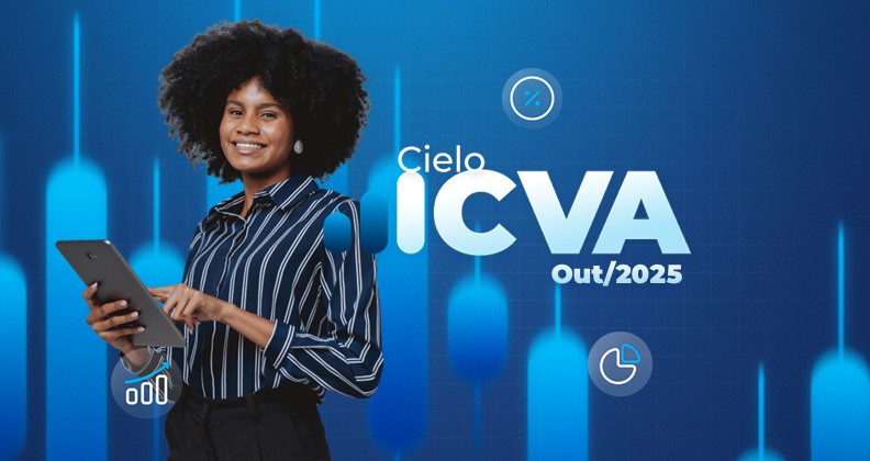 Pessoa segurando um tablet em frente a um fundo azul com gráficos de barras verticais e ícones de análise de dados, acompanhado do texto ‘Cielo ICVA Out/2025’, representando indicadores de vendas no varejo.