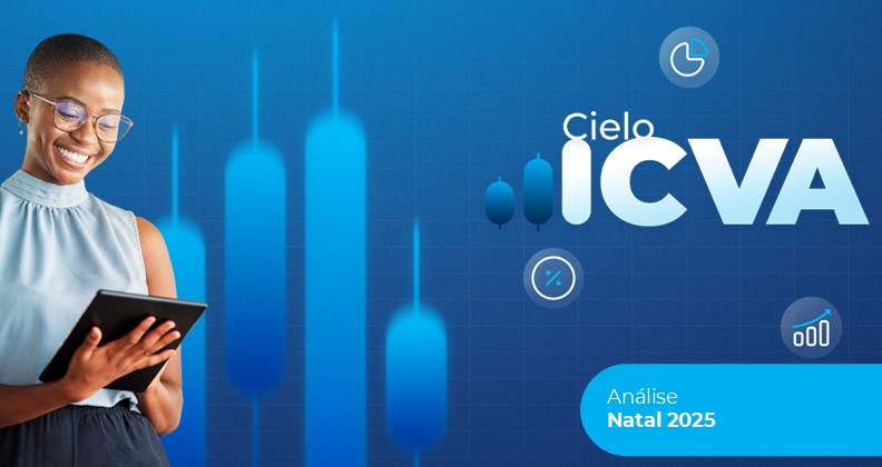 empreendedora confere dados do ICVA em um tablet. Sobre fundo azul, temos ícones que representam análise de dados e gráficos, onde se lê também ICVA Cielo em texto escrito na cor branca
