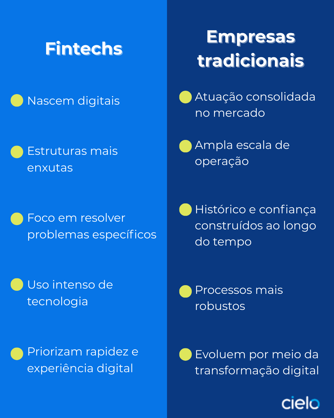 Infográfico com tópicos explicando a diferença entre fintechs e empresas tradicionais.