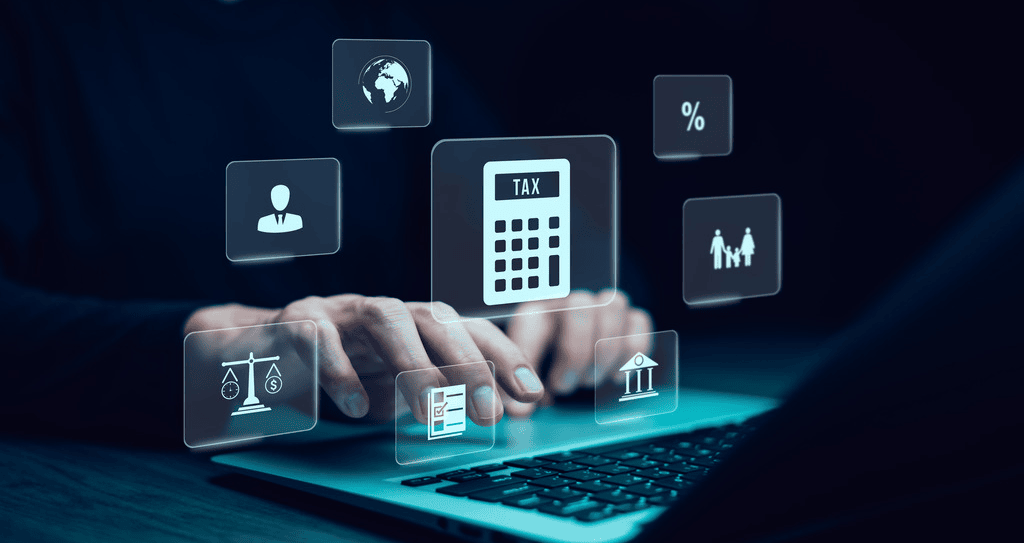 Detalhe de mãos digitando em teclado de notebook, com diversos ícones digitais flutuando em volta, representando planejamento financeiro para mudanças da reforma tributária 2025.