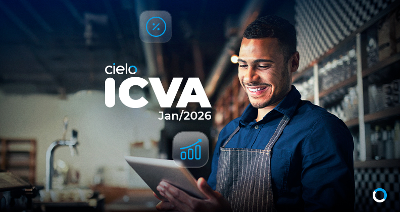 Comerciante utilizando tablet em loja do varejo em São Paulo enquanto apresenta o indicador econômico ICVA Cielo de janeiro de 2026, destacado em ambiente de negócios.