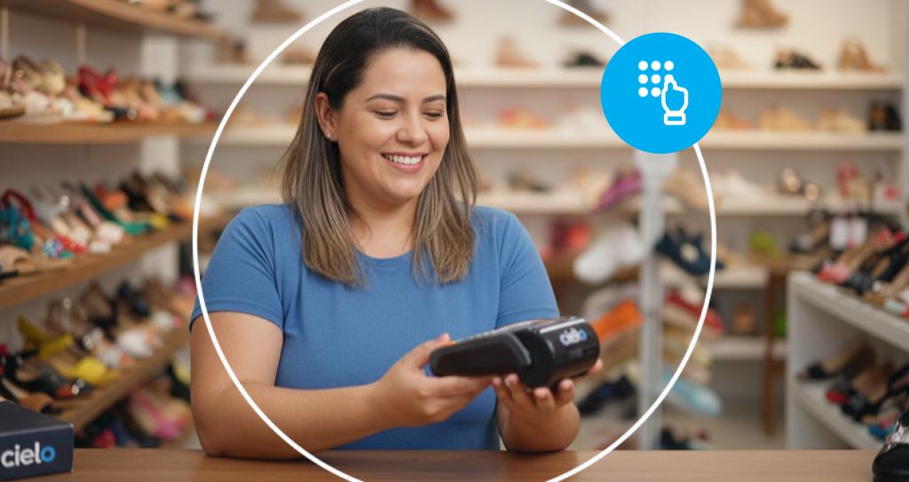 Uma mulher sorridente segurando um dispositivo de pagamento, com prateleiras cheias de sapatos ao fundo. A cena destaca as melhores ferramentas para um pequeno negócio, focando em soluções práticas de pagamento para facilitar transações rápidas e seguras.