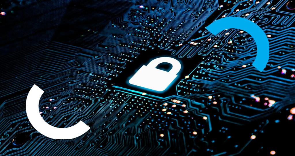 Ilustração digital de circuitos eletrônicos em volta de um cadeado luminoso, representando a segurança do blockchain.