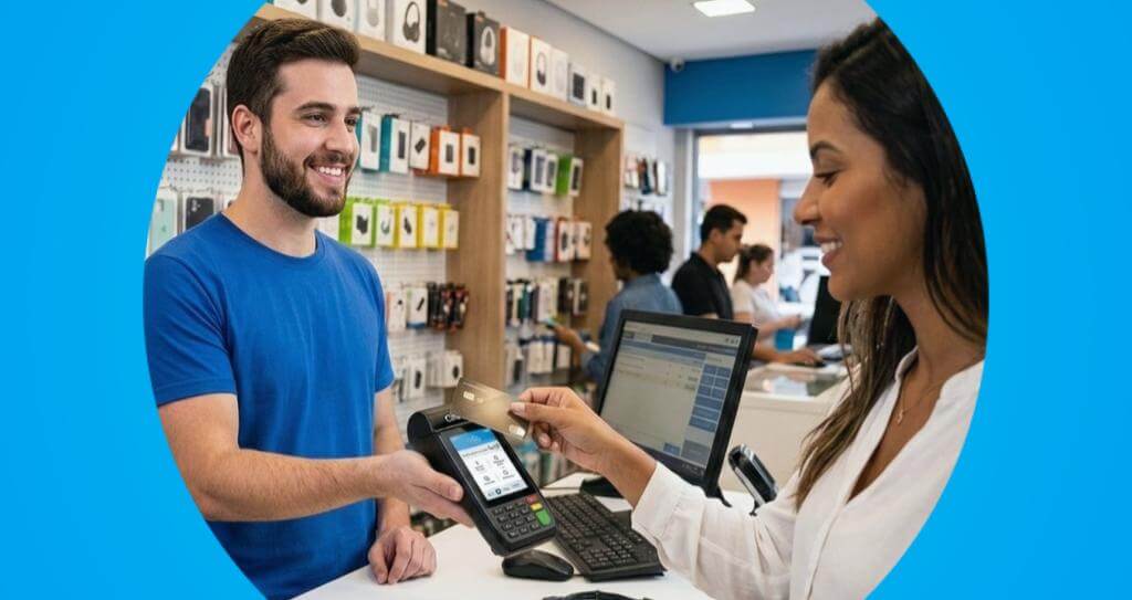 Foto em plano médio de um homem jovem e sorridente atrás de um balcão de loja de eletrônicos segurando uma maquininha de pagamento. Uma cliente está aproximando um cartão para realizar o pagamento por aproximação. A cena ilustra o processo prático de como receber por cartão de crédito no ponto de venda físico. O fundo mostra prateleiras com acessórios de celular e outros clientes sendo atendidos.