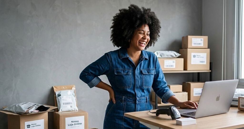 Empreendedora sorridente utilizando Cielo para receber por cartão de crédito online.