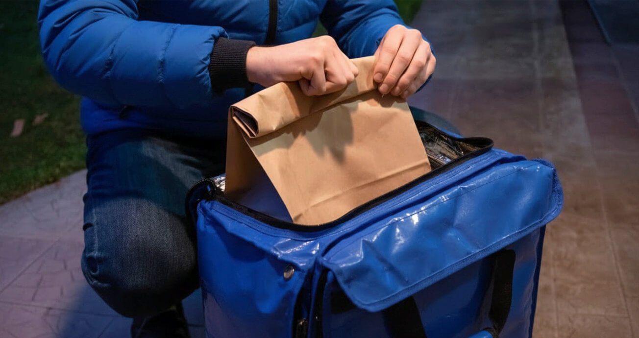 Entregador colocando pedido em bolsa térmica de delivery para restaurante.