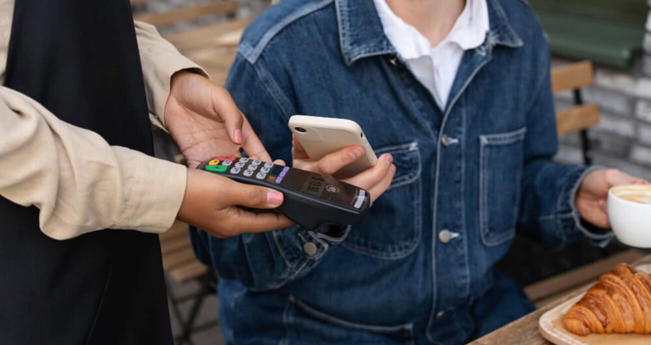 Garçom oferecendo maquininha para cliente pagar com smartphone em restaurante.