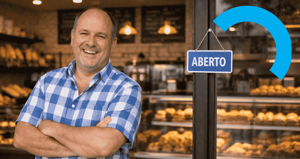 Empreendedor sorridente em frente à entrada de negócio local, com placa de "aberto" pendurada.