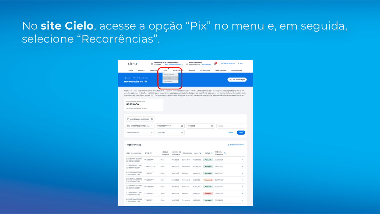 Tela da área Recorrências do Pix no site Cielo, com o menu Pix aberto e a opção Recorrências destacada para acessar o acompanhamento de cobranças recorrentes criadas por meio do Pix Automático.