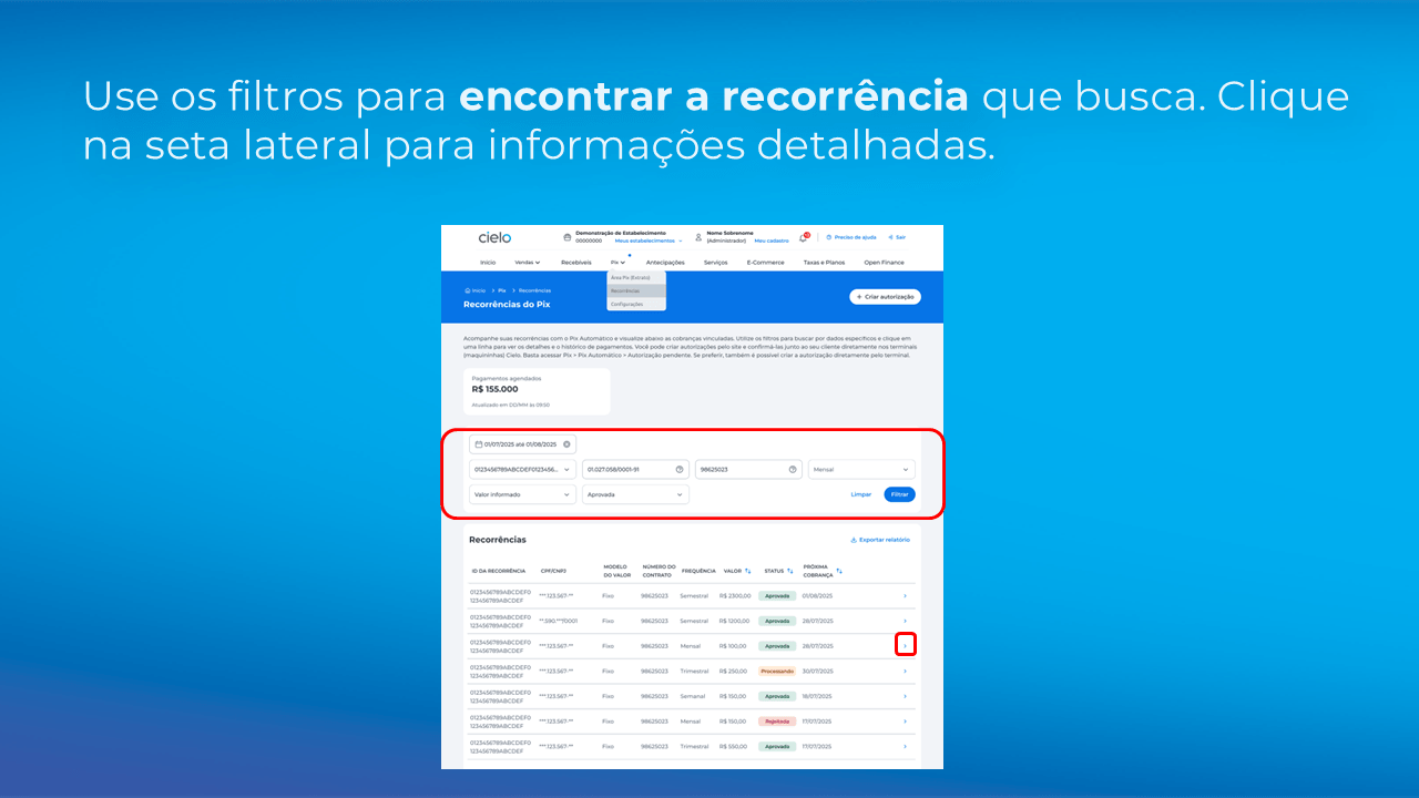Tela de Recorrências do Pix no site Cielo exibindo filtros de busca e uma lista de cobranças recorrentes. A imagem destaca a utilização dos filtros e da seta lateral para localizar e acessar os detalhes de uma recorrência específica.