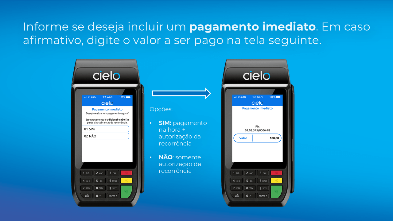 Tela da maquininha Cielo para autorização de Pix Automático, exibindo a opção de incluir um pagamento imediato junto à autorização da recorrência e, em caso afirmativo, informar o valor da cobrança a ser realizada no momento da aprovação.