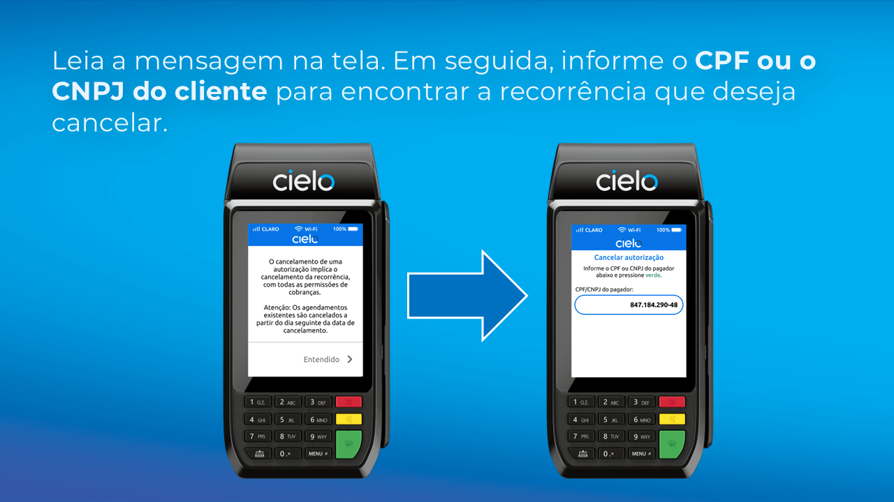 Telas da maquininha Cielo exibindo o aviso sobre o cancelamento de uma autorização de Pix Automático e o campo para informar o CPF ou CNPJ do cliente, permitindo localizar a recorrência que será cancelada.