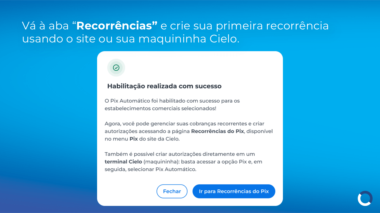 Tela de confirmação da habilitação do Pix Automático na Cielo, exibindo a mensagem de sucesso da ativação para os estabelecimentos selecionados e o botão “Ir para Recorrências do Pix” para criar e gerenciar cobranças recorrentes.