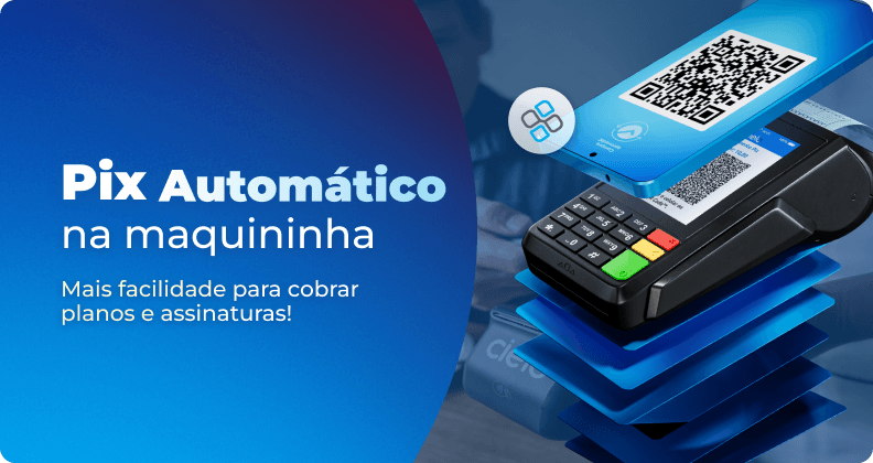 Pix Automático na maquininha de cartão para cobrança recorrente de planos e assinaturas. Terminal de pagamento com QR Code Pix exibido em destaque sobre fundo azul tecnológico, representando automação de cobranças e pagamentos digitais.
