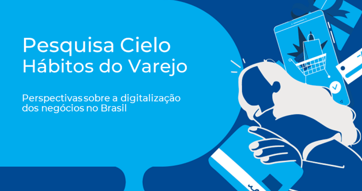 Ilustração sobre a digitalização dos negócios no Brasil, destacando a Pesquisa Cielo e as tendências de pagamento no varejo, incluindo uso de maquininha, NFC e integração com sistemas de gestão.