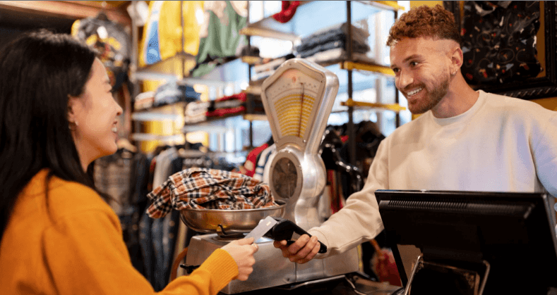 Um homem comerciante segura uma maquininha de cartão para cobrar o pagamento de uma cliente mulher.