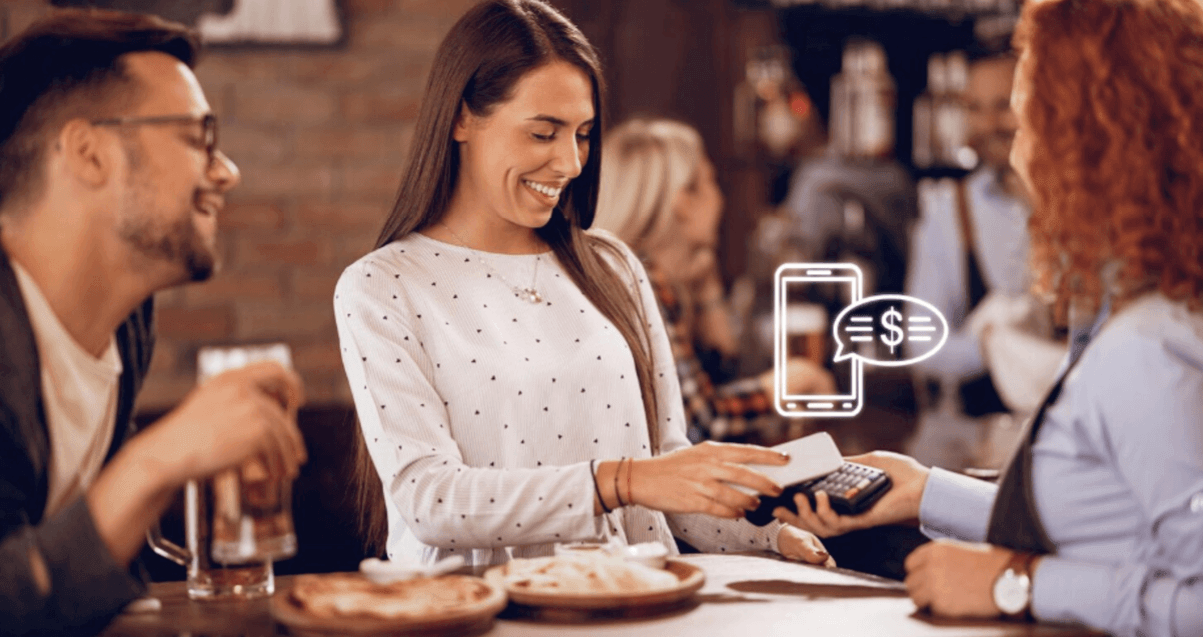 cliente pagando conta com cartão em maquininha no balcão de bar com ícone de pagamento digital.