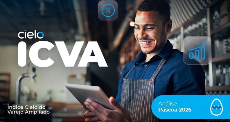 Imagem institucional do ICVA Cielo mostra pessoa em ambiente de varejo utilizando um tablet, com destaque para “Cielo ICVA – Índice Cielo do Varejo Ampliado” e o selo “Análise Páscoa 2026”, representando o acompanhamento do desempenho das vendas no período sazonal.