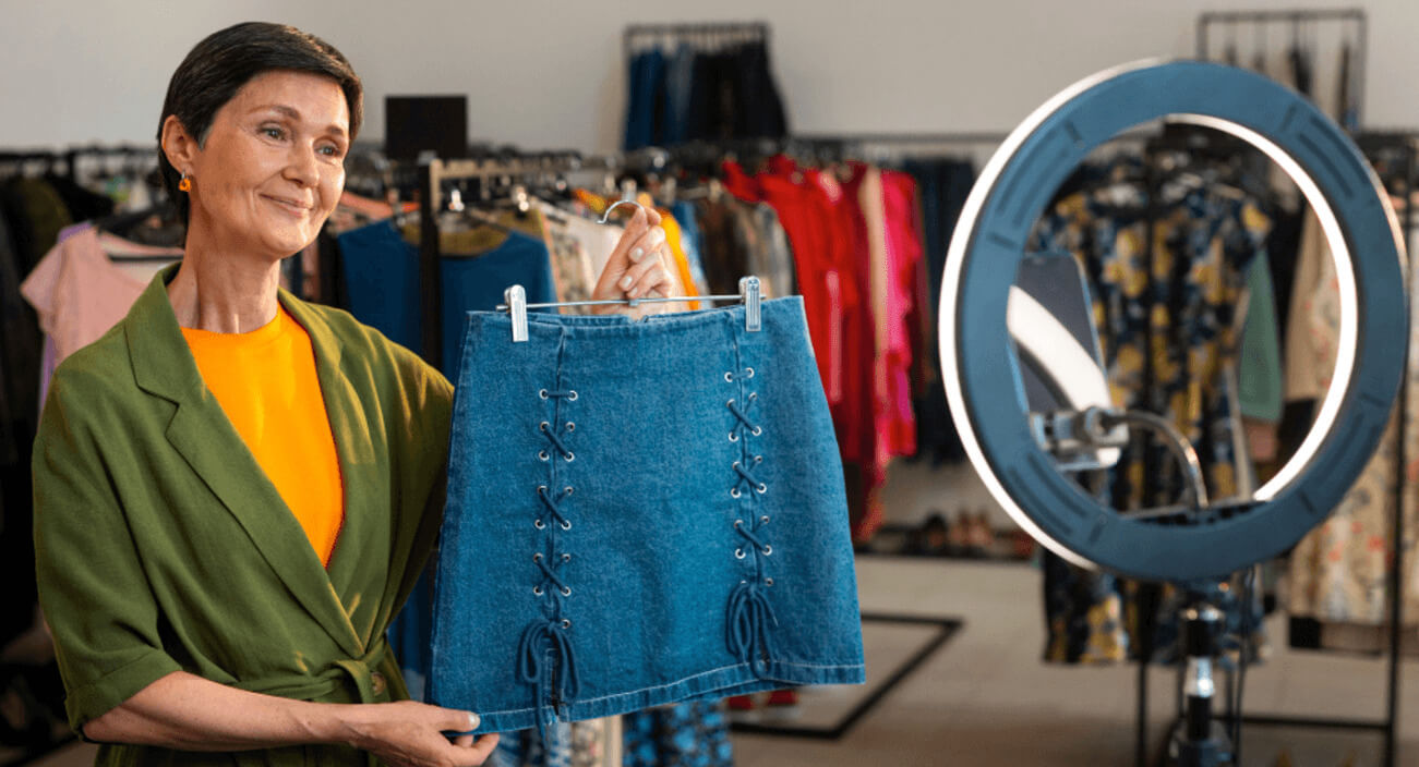 lojista exibe saia jeans para live em boutique com ring light e araras de roupas ao fundo.