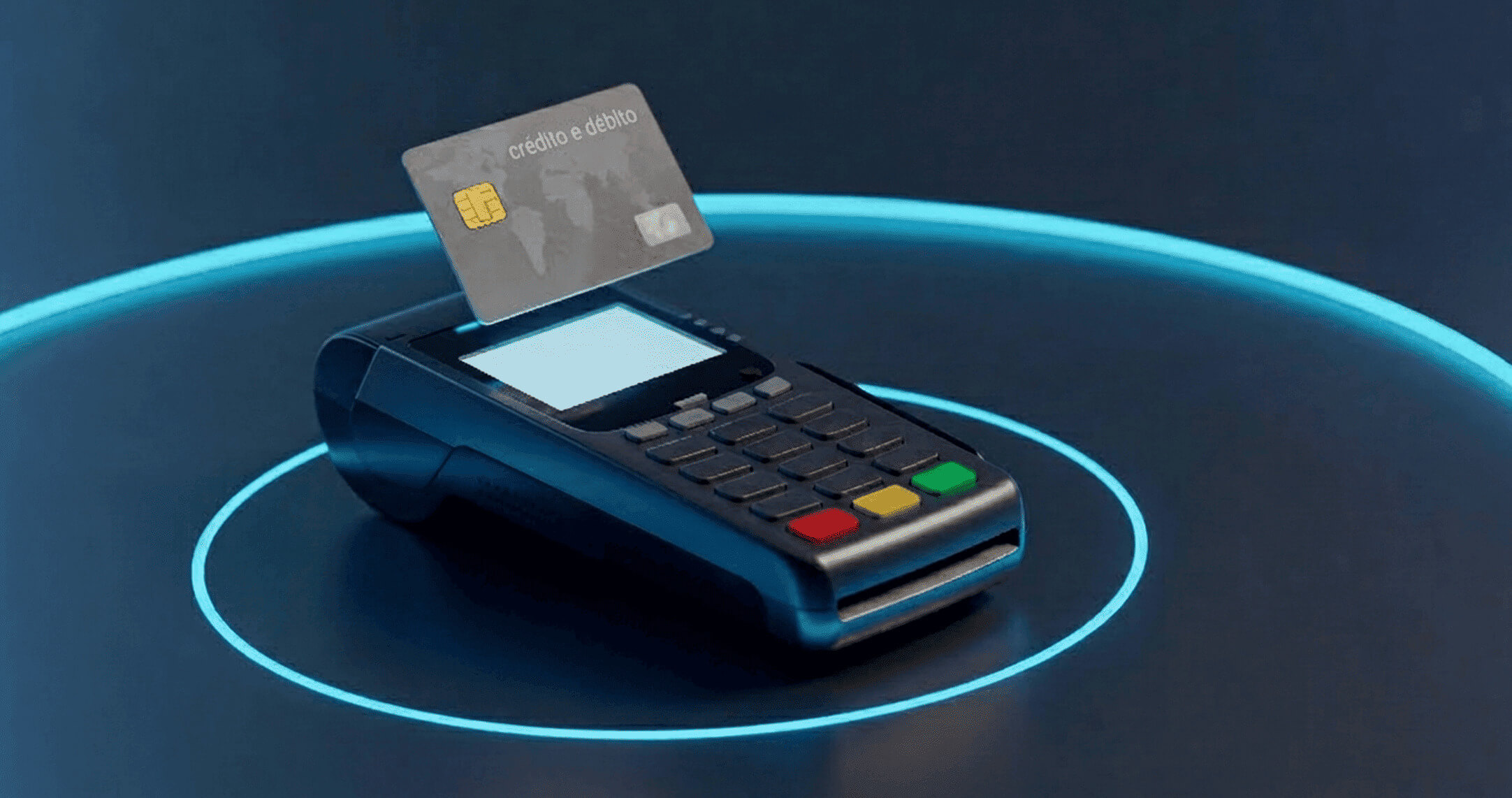 maquininha pos com cartão de crédito inserido sobre fundo escuro com luz neon azul.