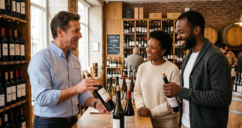 Vendedor aplicando técnicas de vendas para pequenos negócios em dois clientes.