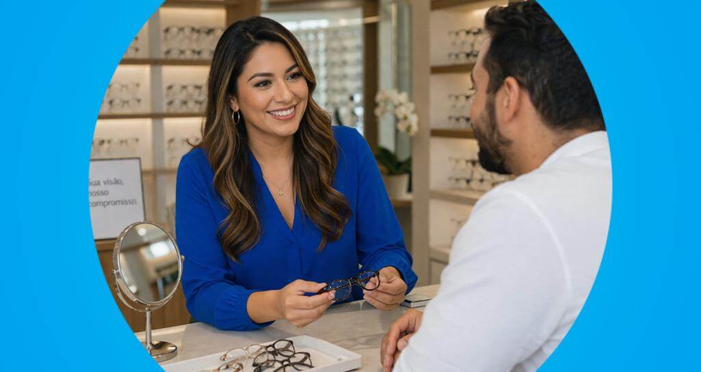 Vendedora e cliente frente a frente em balcão de loja, com vendedora aplicando técnicas de vendas segurando produto em mãos.