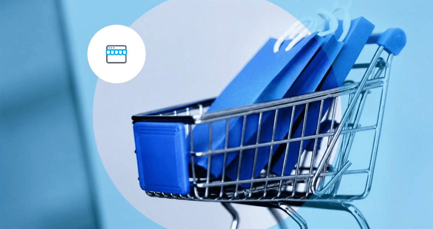 Carrinho de compras com sacolas de compras azuis, ilustrando o conceito de e-commerce para pequenos negócios.