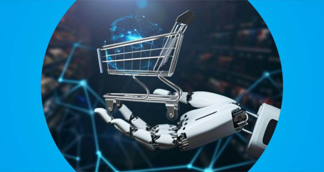 Mão robótica segurando um carrinho de compras digital em ambiente tecnológico, representando inteligência artificial aplicada ao e-commerce