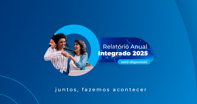 Banner institucional da Cielo com duas pessoas lado a lado apontando para um notebook, acompanhado do texto “Relatório Anual Integrado 2025 está disponível” e da mensagem “juntos, fazemos acontecer”, em fundo azul com elementos gráficos digitais.