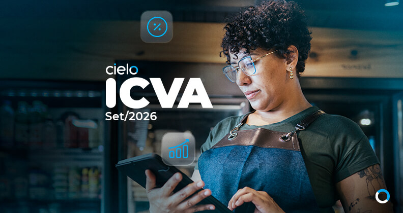 Arte de divulgação do ICVA Cielo de setembro de 2026. Pessoa consultando informações em um tablet dentro de um estabelecimento comercial, acompanhada do título "ICVA Set/2026". Conteúdo sobre o desempenho das vendas do varejo brasileiro.